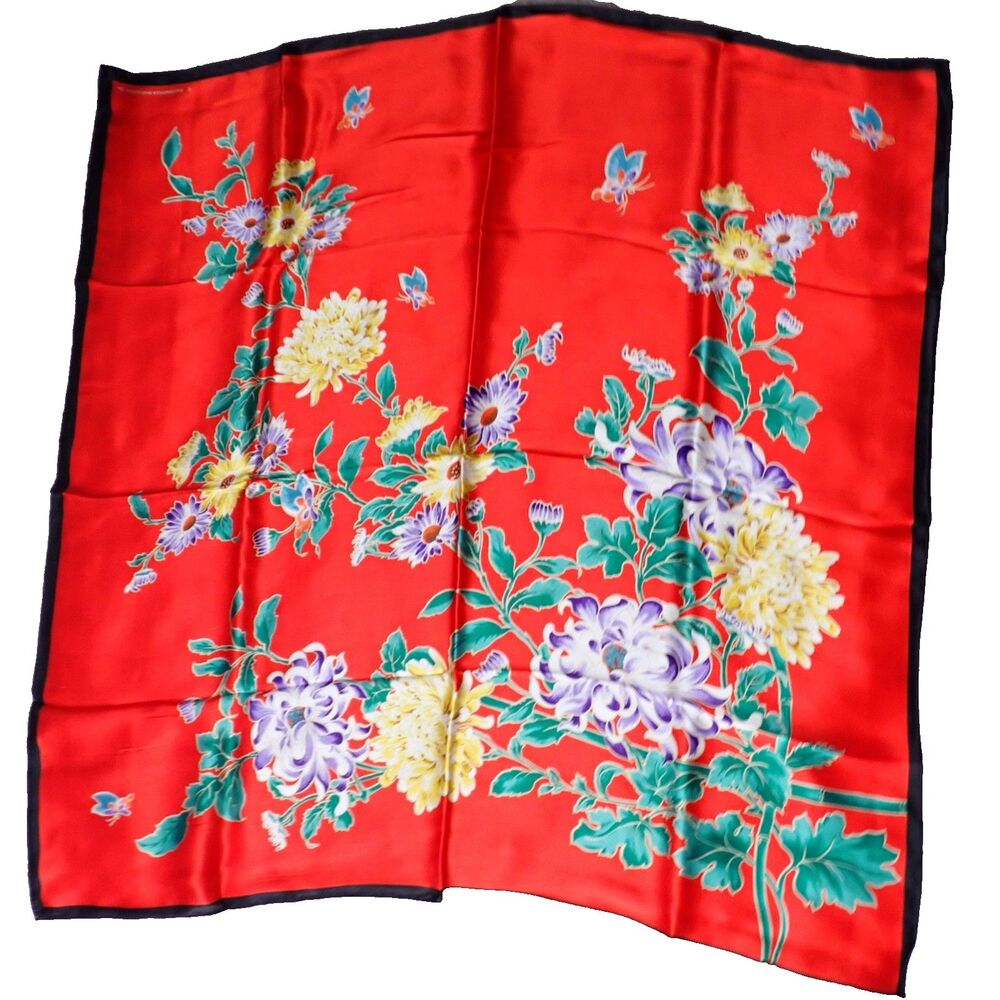The Smithsonian Institute 100% Silk Floral Red Scarf 1990 New in Original Box